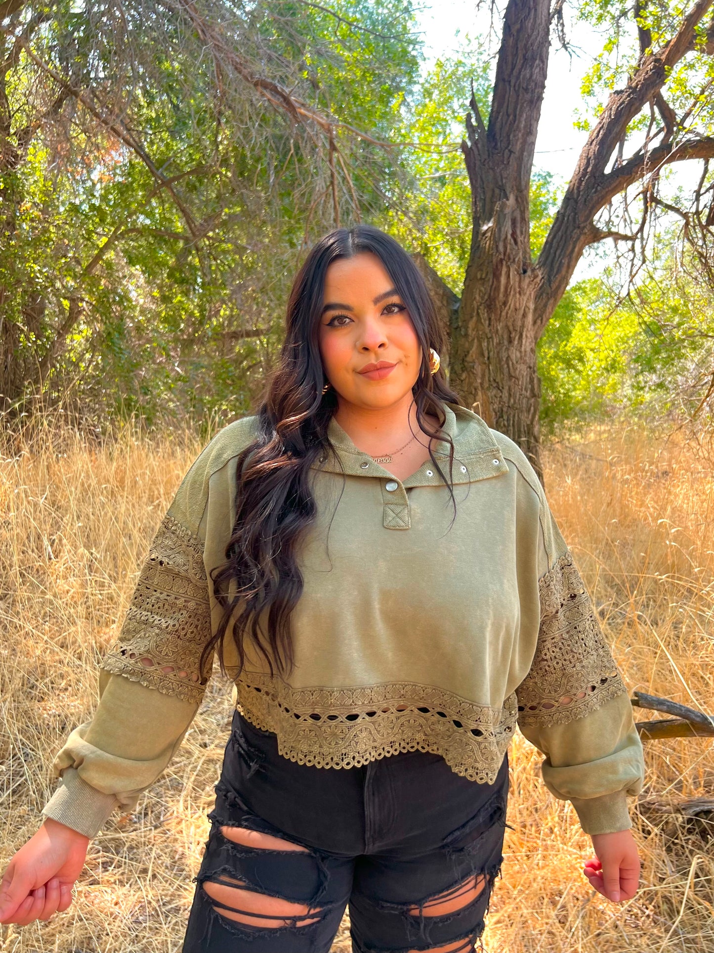 Lucky Charm Lace Pullover (Moss)