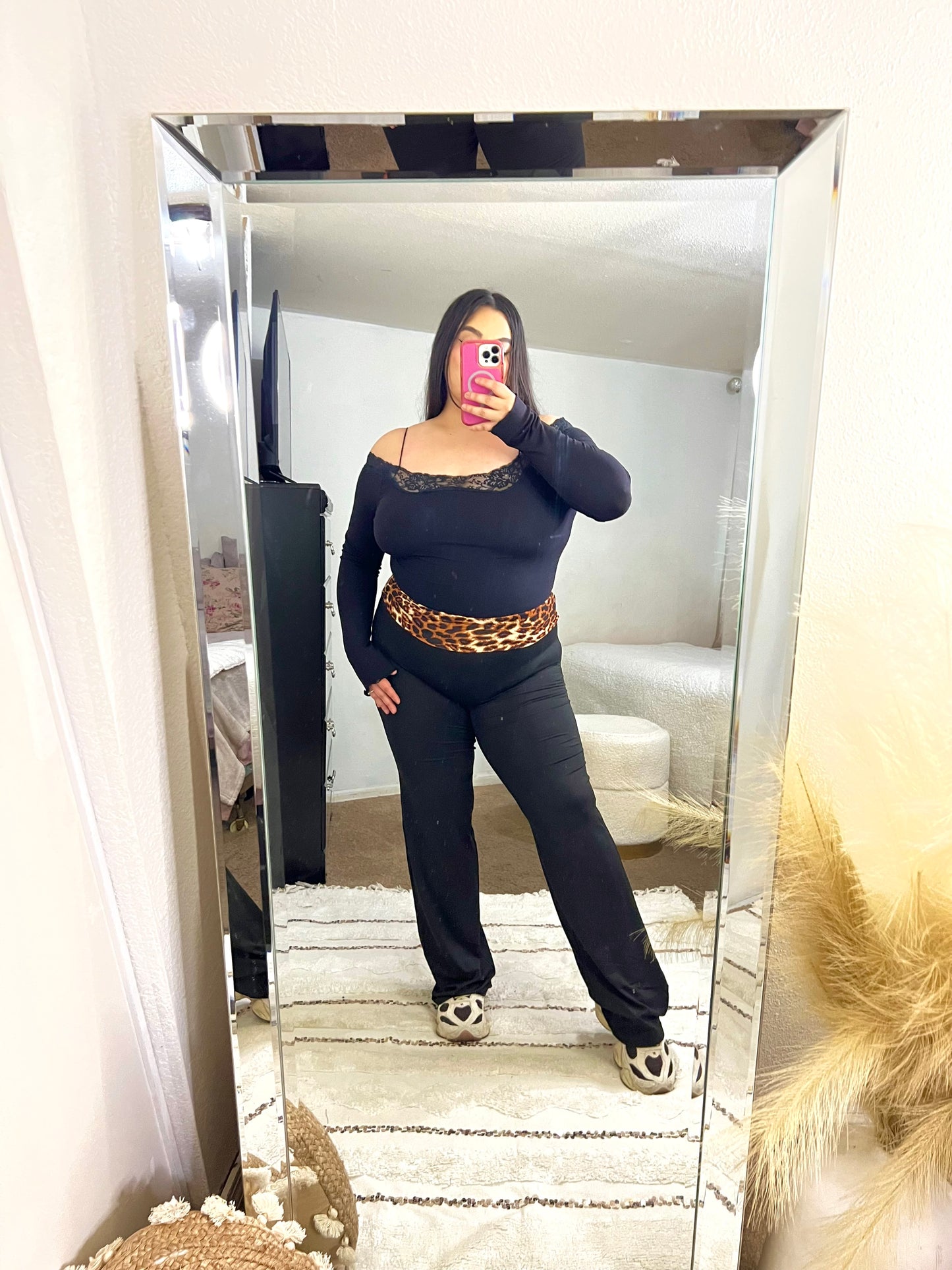90s Fold Over Flare Leggings (Leopard print)